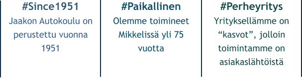 #Since1951 Jaakon Autokoulu on  perustettu vuonna 1951 #Paikallinen Olemme toimineet Mikkelissä yli 75 vuotta #Perheyritys Yrityksellämme on “kasvot”, jolloin toimintamme on asiakaslähtöistä